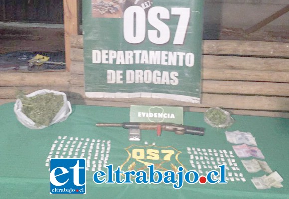 Personal del OS7 de Carabineros incautó las drogas, un armamento y una munición en el sector El Arrayán de Catemu.