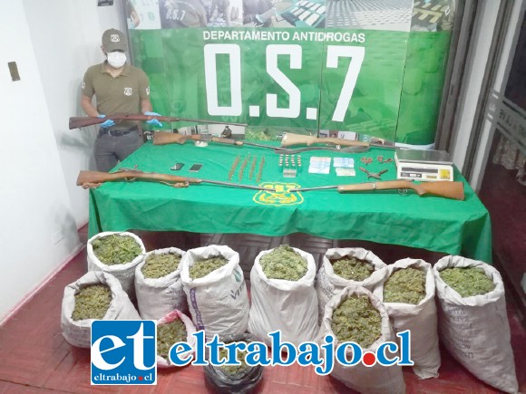 Personal del OS7 de Carabineros Aconcagua incautó cerca de 80 kilos de marihuana en cogollos, armas de fuego, municiones y dinero en efectivo.