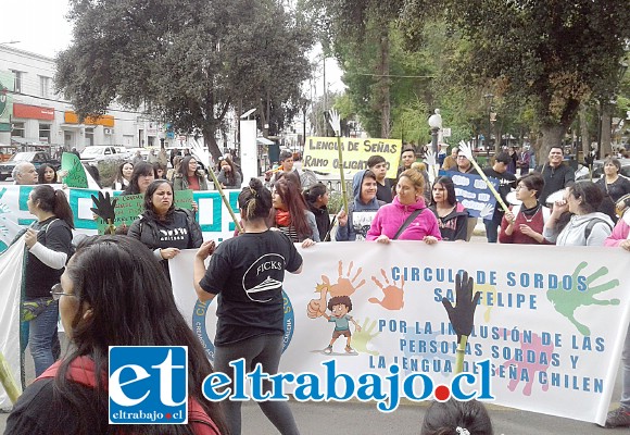 Los manifestantes enpleno centro, frente a la municipalidad de San Felipe.