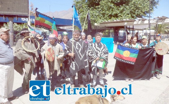 El grupo de mapuches en la plaza cívica antes de entregar la carta en la gobernación.