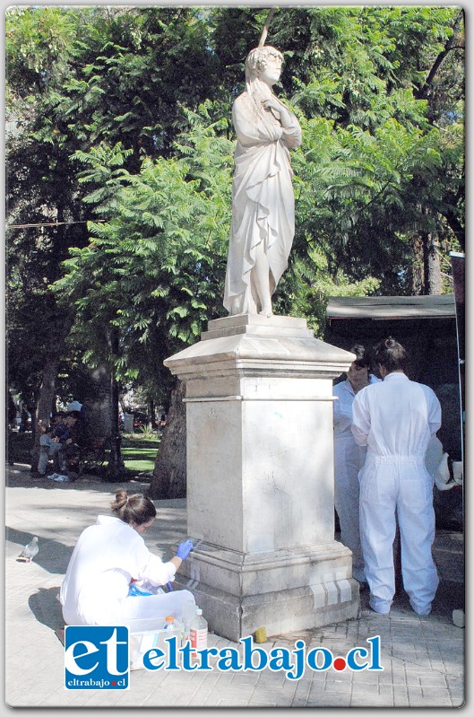 Este martes comenzaron los trabajos por parte de la empresa a cargo de la restauración de cuatro esculturas de la plaza.