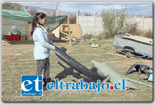 PELIGRO INMINENTE.- Claudia González muestra a Diario El Trabajo las partes del auto que quedaron sueltas tras el accidente.