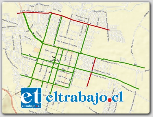 El plano identifica todas las calles en las que se contemplan ciclovias en el Plan de Gestión de Tránsito, sin embargo el anuncio presidencial priorizó 9,4 kilómetros, con las calles nombradas anteriormente.