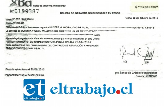 2 de febrero del 2015 Pixels entrega una boleta de garantía emitida por el Banco de Créditos e Inversiones oficina de Vitacura, con el numero 0199387, por 85 millones de pesos.