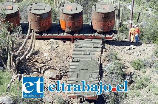 El accidente se produjo la madrugada del sábado, cuando el tren metalero que transporta desechos desde Codelco Andina descarrilló, volcando uno de sus carros en la ladera del cerro quedando muy cerca del lecho del río Aconcagua.