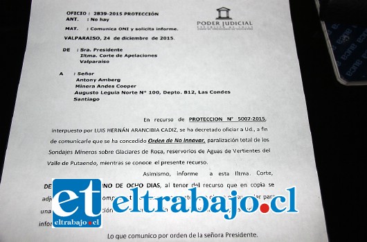 Ante el recurso de protección interpuesto por el empresario Luis Arancibia, la Corte de Apelaciones de Valparaíso concedió no innovar y ordenó la paralización de los trabajos que se están desarrollando al interior de Los Patos.