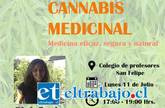 ‘CANNABIS MEDICINAL: MEDICINA EFICAZ, SEGURA Y NATURAL’.- Charla gratuita y abierta a la comunidad sanfelipeña, que realizará Fundación Daya en San Felipe el día lunes 11 de julio, desde 17:00 a las 19:00 horas en el Colegio de Profesores.