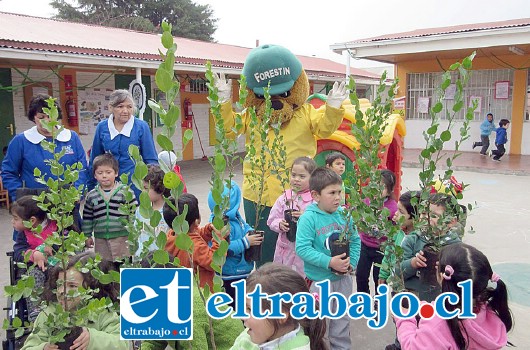 MOTIVADOS.- Con gran entusiasmo y pala en mano, los pequeños estudiantes, junto a profesores, apoderados y el coipo Forestín, plantaron diez árboles nativos, de la especie Quillay en el frontis del Jardín Infantil Trencito.