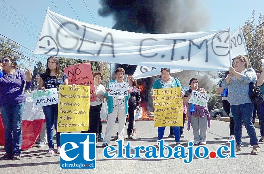 Los vecinos en el medio del puente protestando con lienzos, donde se podían apreciar lecturas contrarias a GEA. (Foto Flavia Vera Olguín).