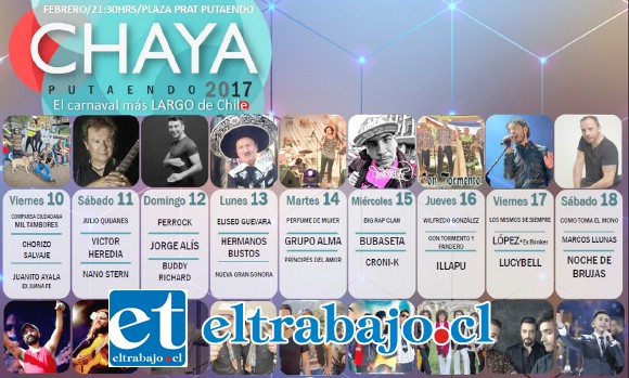 El carnaval 2017, contempla a 27 artistas, destacando a Víctor Heredia, Illapu, Lucybell, Jorge Alís, Marcos Llunas, Noche de Brujas, entre otros. Además se recibirán donaciones, que irán en ayuda a las víctimas de los incendios forestales.