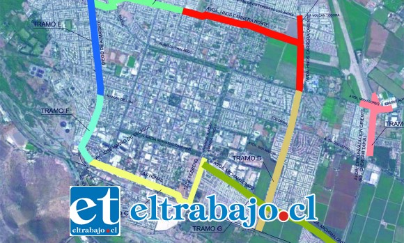 El mejoramiento de la Circunvalación de San Felipe tendría un costo total de 33 mil millones de pesos. En color rojo (Hnos. Carrera Norte y Oriente), la primera etapa del proyecto, que podría comenzar a ejecutarse el 2018. La tonalidad mostaza y amarillo muestran la segunda fase de la obra correspondiente a la extensión total de Avda. Michimalongo.