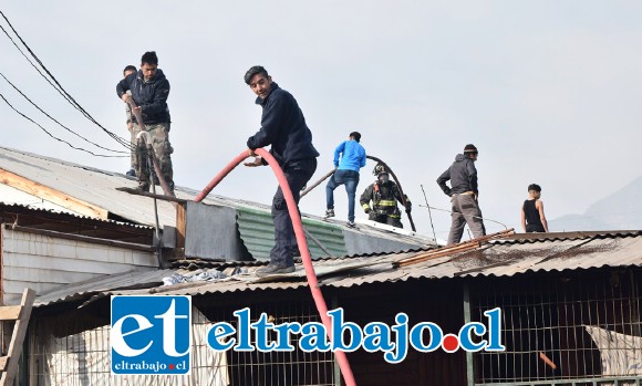 SIN DESCANSO.- De esta manera, Bomberos y vecinos, unieron sus fuerzas para evitar una tragedia mayor.