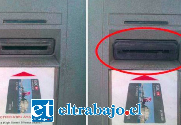 Un cajero automático en donde el skimmer (derecha) apenas se puede distinguir.