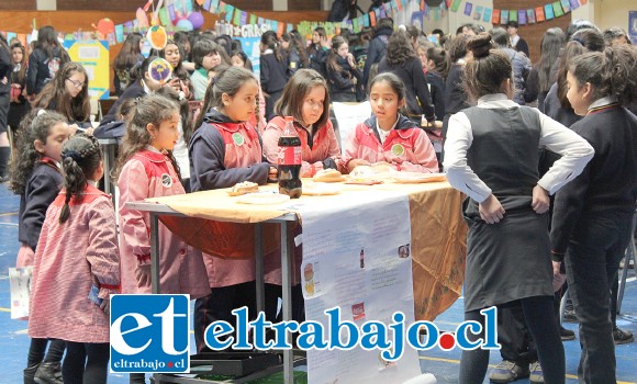 Estudiantes de segundo ciclo básico del Colegio Santa Juana de Arco, exponiendo sus trabajos en la Feria Científica del establecimiento.