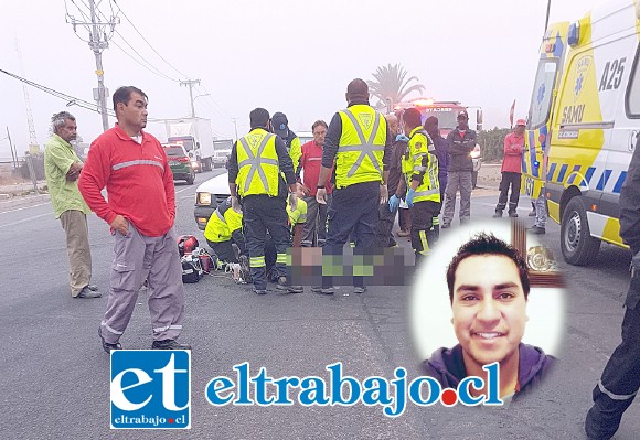 Personal del Samu junto a Bomberos realizaron intensos esfuerzos por salvar la vida del joven motociclista, sin conseguir reanimarlo tras sufrir un paro cardio respiratorio.