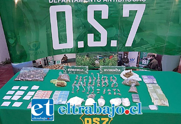 Personal de OS7 de Carabineros Aconcagua incautó cocaína, pasta base y marihuana desde el interior de un inmueble en Villa Departamental de San Felipe, siendo detenido un sujeto de 26 años de edad.