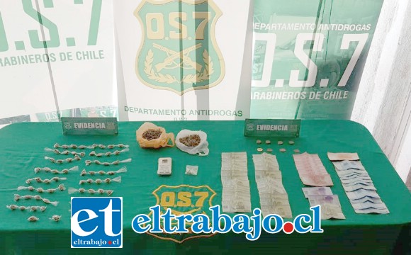 Personal del Os7 de Carabineros Aconcagua incautó marihuana elaborada, dinero en efectivo y una pesa digital desde el inmueble de los imputados en la Villa Industrial de San Felipe.