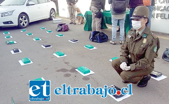 Personal de OS7 de Carabineros Aconcagua incautó 73 kilos de cocaína, dos vehículos, teléfonos celulares y dinero en efectivo desde el Peaje Las Vegas de Llay Llay.