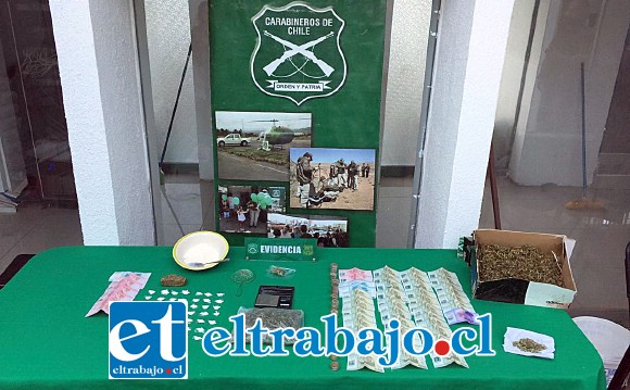 Personal de OS7 de Carabineros Aconcagua incautó diversas cantidades de pasta base de cocaína y marihuana elaborada junto con dinero efectivo y elementos asociados al ilícito de tráfico de drogas.