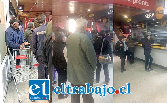 Numerosas personas frente a la oficina de Servipag ubicada en el interior del Supermercado Santa Isabel de Avenida Yungay, principalmente adultos mayores esperando pagarse.