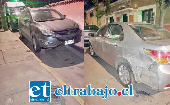 A la izquierda el vehículo en que el imputado circulaba en estado de ebriedad. Al lado el taxi ejecutivo estacionado en calle San Martín, frente el Nº 683 en Putaendo, resultó con daños en su carrocería.