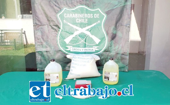 Personal de Carabineros del OS7 Aconcagua incautó medio kilo de clorhidrato de cocaína, bidones de ácido muriático y un saco de bicarbonato de sodio desde un domicilio ubicado en la comuna de Llay Llay.