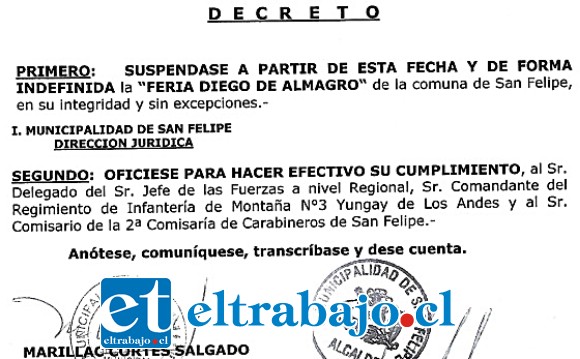 NO MÁS FERIA.- Este es el Decreto Municipal con el que se suspende de manera indefinida la Feria Diego de Almagro.