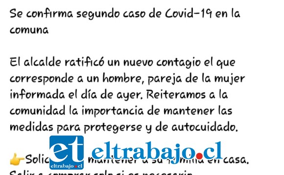 En la imagen de su cuenta personal del Facebook, el alcalde Caballería da a conocer el nuevo caso, el cual no fue ingresado en la cuenta diaria del Seremi de Salud.