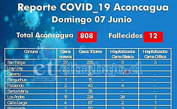 En la imagen el cuadro elaborado por el Servicio de Salud Aconcagua, entregando el detalle total de los casos registrados hasta el momento y el número de fallecidos que ya llega a 12 a nivel local.