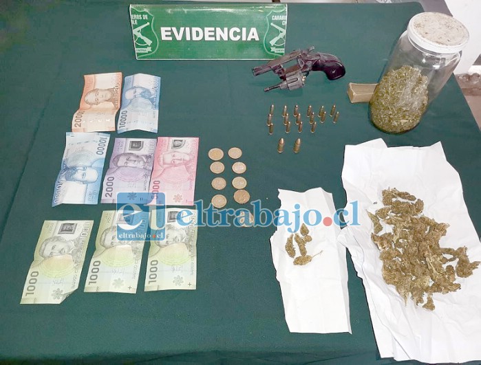 La droga, el dinero y el arma incautada.