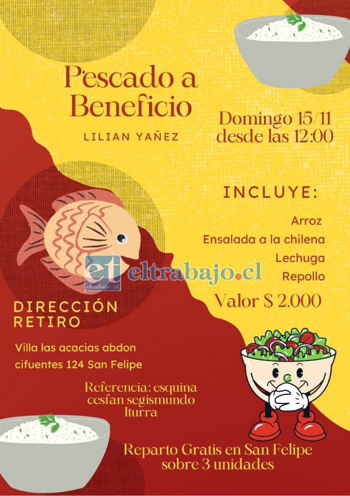 El afiche de la venta de pescado este domingo 15 de noviembre a contar de las 12:00 horas en calle Abdón Cifuentes 124 Villa Las Acacias.