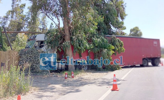 DAÑOS MILLONARIOS.- Así quedó este pesado camión cuando colisionó a un auto menor a la altura de El Mirador en Panquehue, y su conductor perdió el control del pesado vehículo.