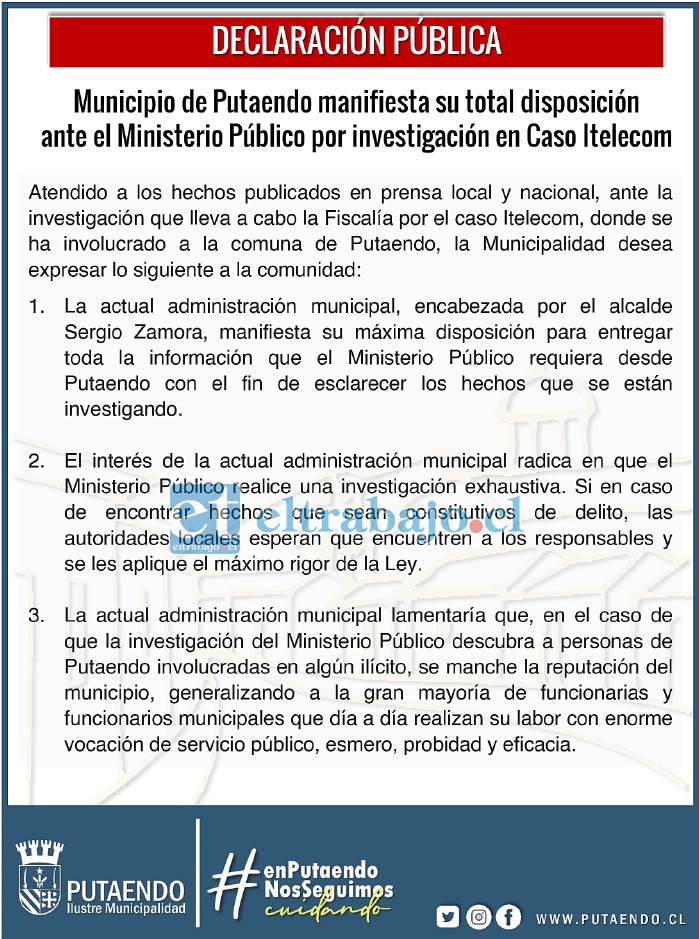 A través de una declaración pública, la Municipalidad de Putaendo se refirió a la investigación por el caso Itelecom.