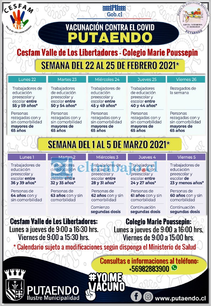 Este es el calendario de vacunación para la comuna de Putaendo.