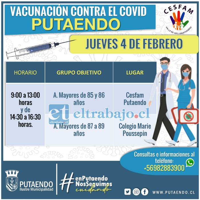 Para evitar aglomeraciones, desde el jueves 4 de febrero también se vacunará en el Colegio Marie Poussepin, según el calendario que maneja el Cesfam.