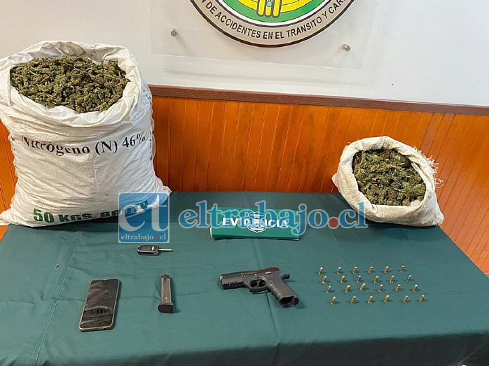 La droga, la pistola modificada y la munición. El arma a simple vista parece a fogueo, y pese a estar modificada para disparar, tiene que ser objeto de una pericia por parte de Labocar.