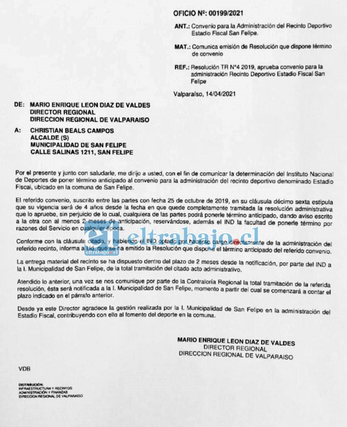 Este es el documento donde se comunica a la municipalidad el término del convenio.