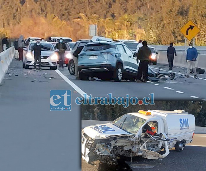 En la imagen se aprecian los dos vehículos que chocaron frontalmente, mientras en el recuadro se pueden ver los daños en el costado izquierdo de la camioneta del SML.