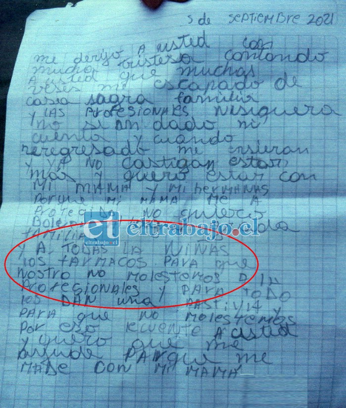 DE SU PUÑO Y LETRA.- Esta es la polémica carta escrita por una de las residentes de esta Casa de acogida, en la que informa a su madre el tema de los fármacos que deben ingerir casi todas, según lo señala ella misma.