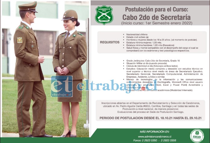 Hasta el 29 de octubre hay plazo para inscribirse en el curso de formación para personal administrativo de Carabineros.