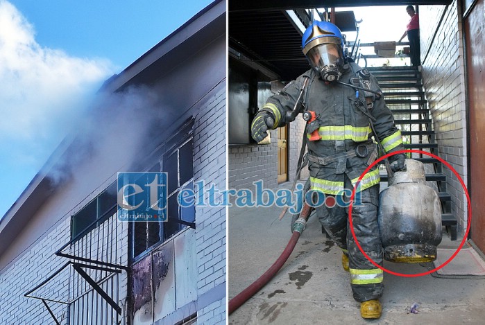 SEGUNDOS CRUCIALES.- Las llamas salían por las ventanas del departamento de don David Miranda, quien por poco pierde la vida. A la derecha bomberos retiran del inmueble los cilindros de gas, visiblemente afectados por el fuego.