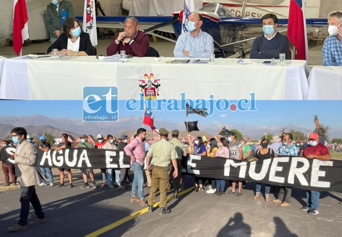 Mientras el ministro Moreno se reunía con los ediles y el gobernador regional en el Club Aéreo, afuera un centenar de manifestantes expresaban el rechazo al decreto de intervención del Río Aconcagua.