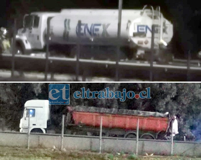 Arriba el camión cisterna de la empresa ENEX que transportaba combustible. Abajo el otro camión participante en este accidente.