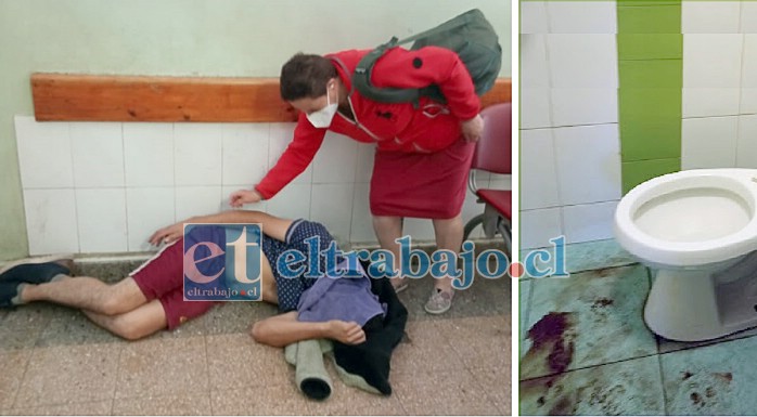 TODO EN URGENCIAS.- Estas fotografías de nuestro gráfico Gabriel Orellana Pezoa muestran la situación, en primer plano el joven Guillermo Fuentes en el piso, y al lado la foto del excremento en el mismo piso.