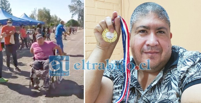 SU PRIMERA MEDALLA.- A la izquierda vemos a Carlos Moreno llegando a la Meta en el Estadio Fiscal, y también con su medalla bien ganada.