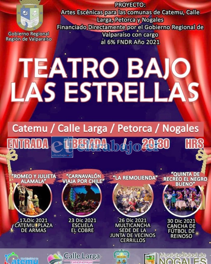 Cuatro obras de teatro de renombre nacional se presentarán en distintos sectores de Catemu, actividad totalmente gratuita que se desarrollará al aire libre.