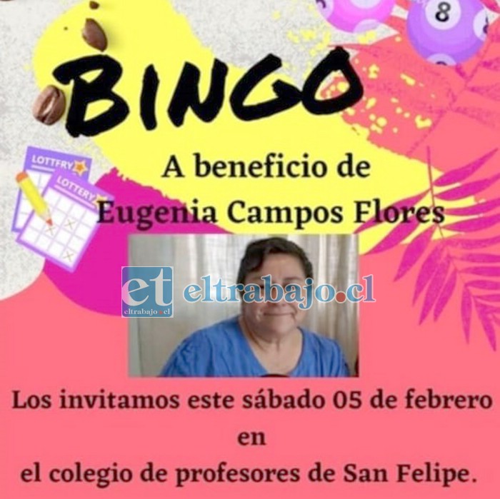 El próximo 5 de febrero se realizará bingo a beneficio de la ex profesora Eugenia Campos.