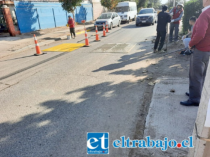 Trabajadores en pleno proceso de instalación de los lomos de toro.