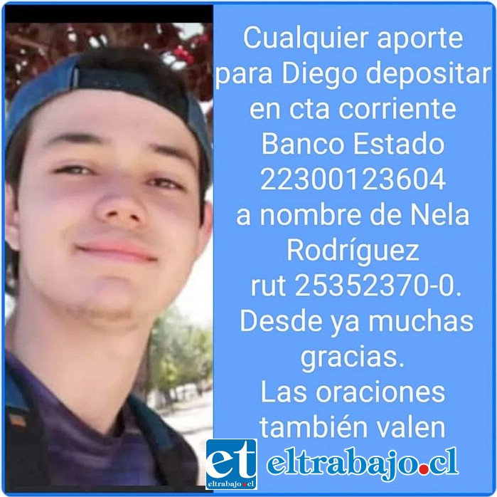 TODOS CON EL FLACO.- Quienes quieran apoyar a Diego pueden hacerlo en la Cuenta Corriente del Banco Estado 22300123604, a nombre de Nela Rodríguez.