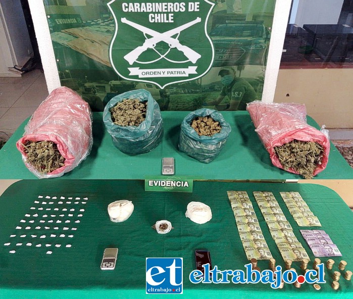 Pasta Base de cocaína, marihuana elaborada y otros elementos más fueron incautados tras un allanamiento en dos viviendas en las comunas de Los Andes y Catemu.